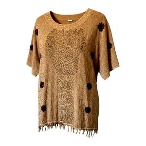 Women's Short Sleeve Blouse Top Tan Flower Design Tassels Tunic Med